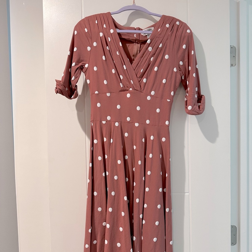 Unique Vintage Pink Polka Dot Delores Swing Dress